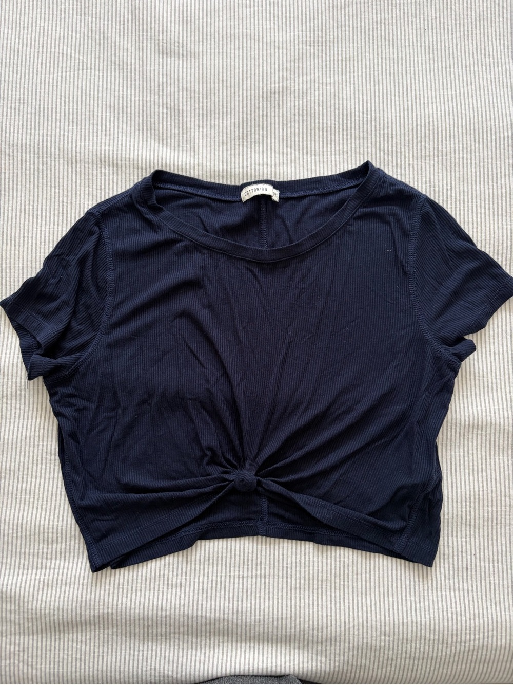 Cotton On Navy Knot-Front Ribbed Crop Tee
